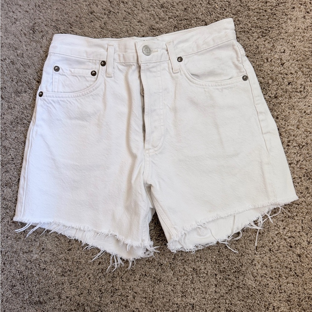Agolde White Frayed Hem High-Rise Denim Shorts
